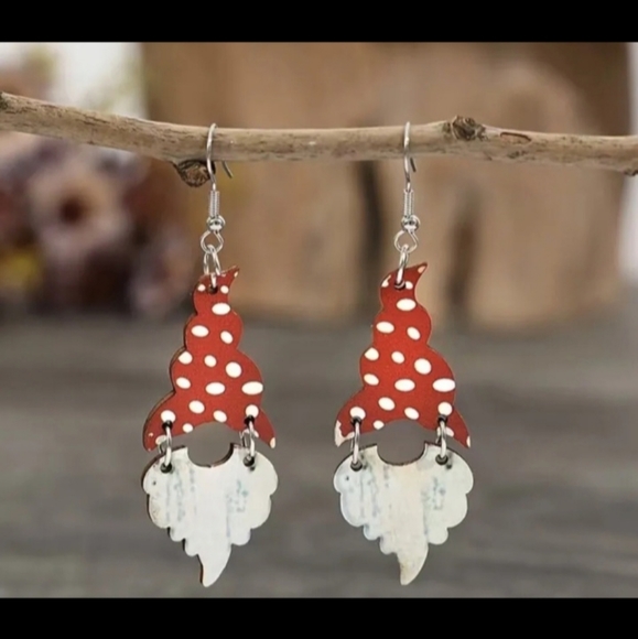 None Jewelry - Red & White Santa Gnome Holiday Christmas Dangle Drop Earrings
